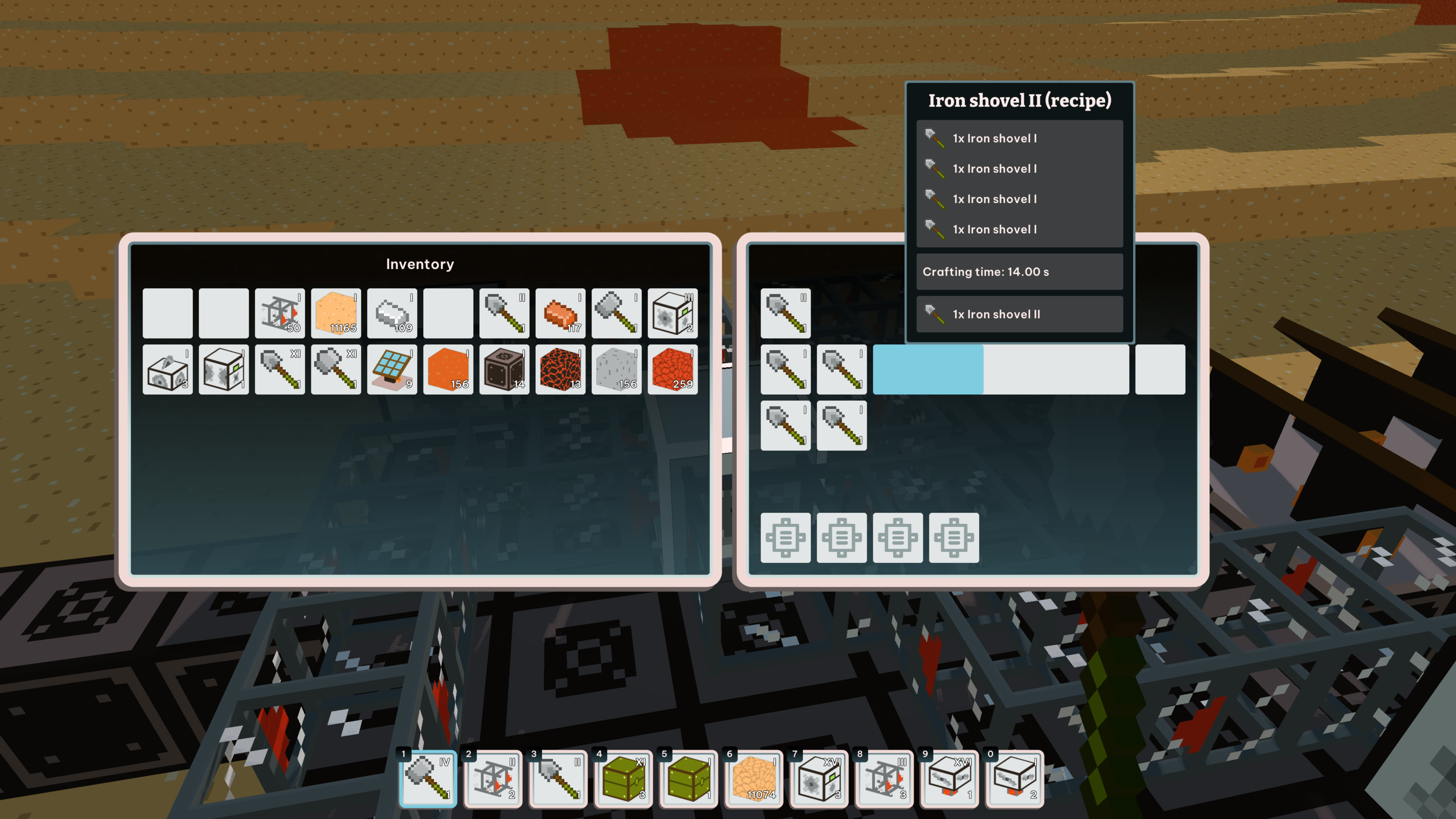 Screenshot of Moose Builders showing the inventory UI and Crafter UI. The Crafter is crafting a tier II shovel from 4 tier I shovels.